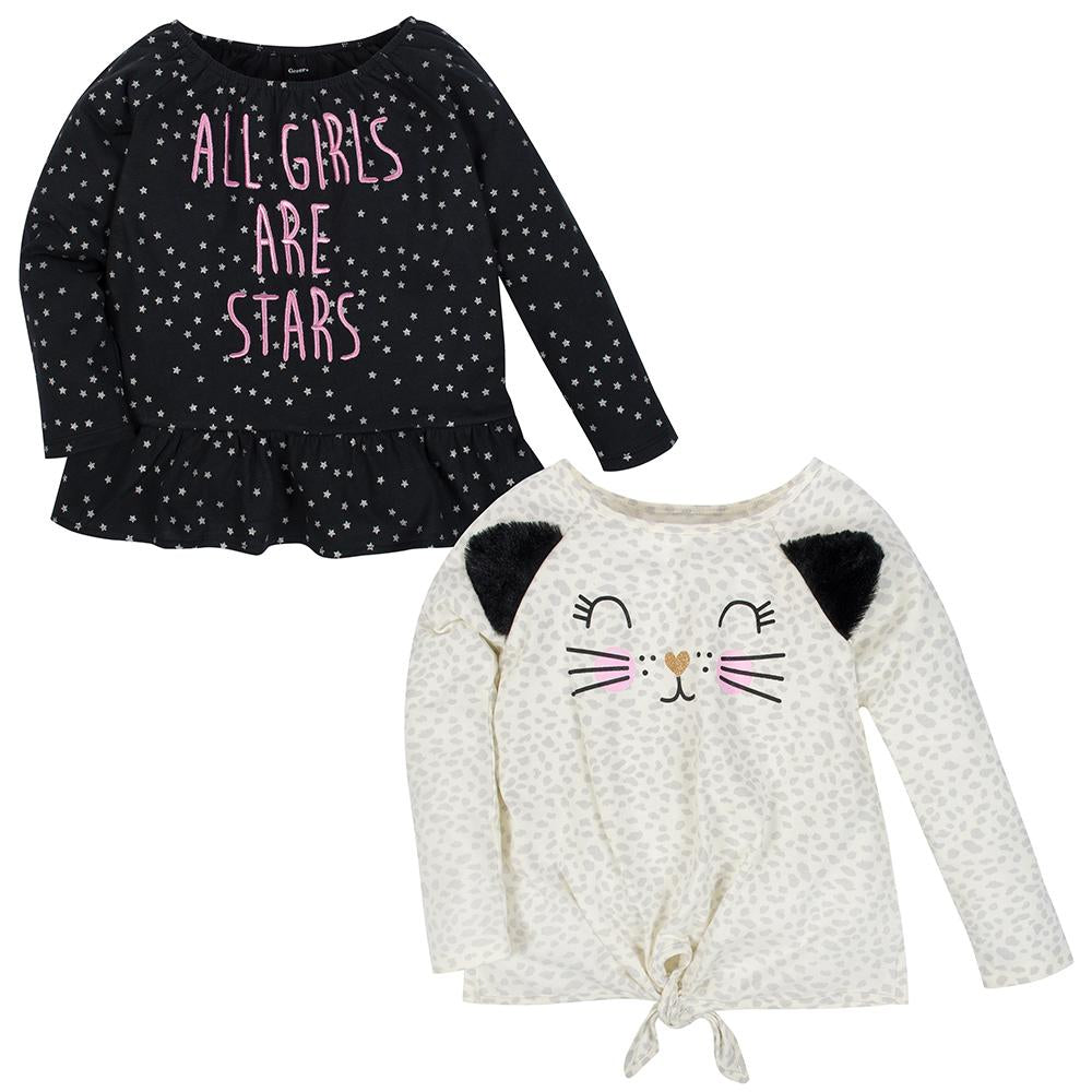2-Pack Girls Leopard & Stars Long Sleeve Tops