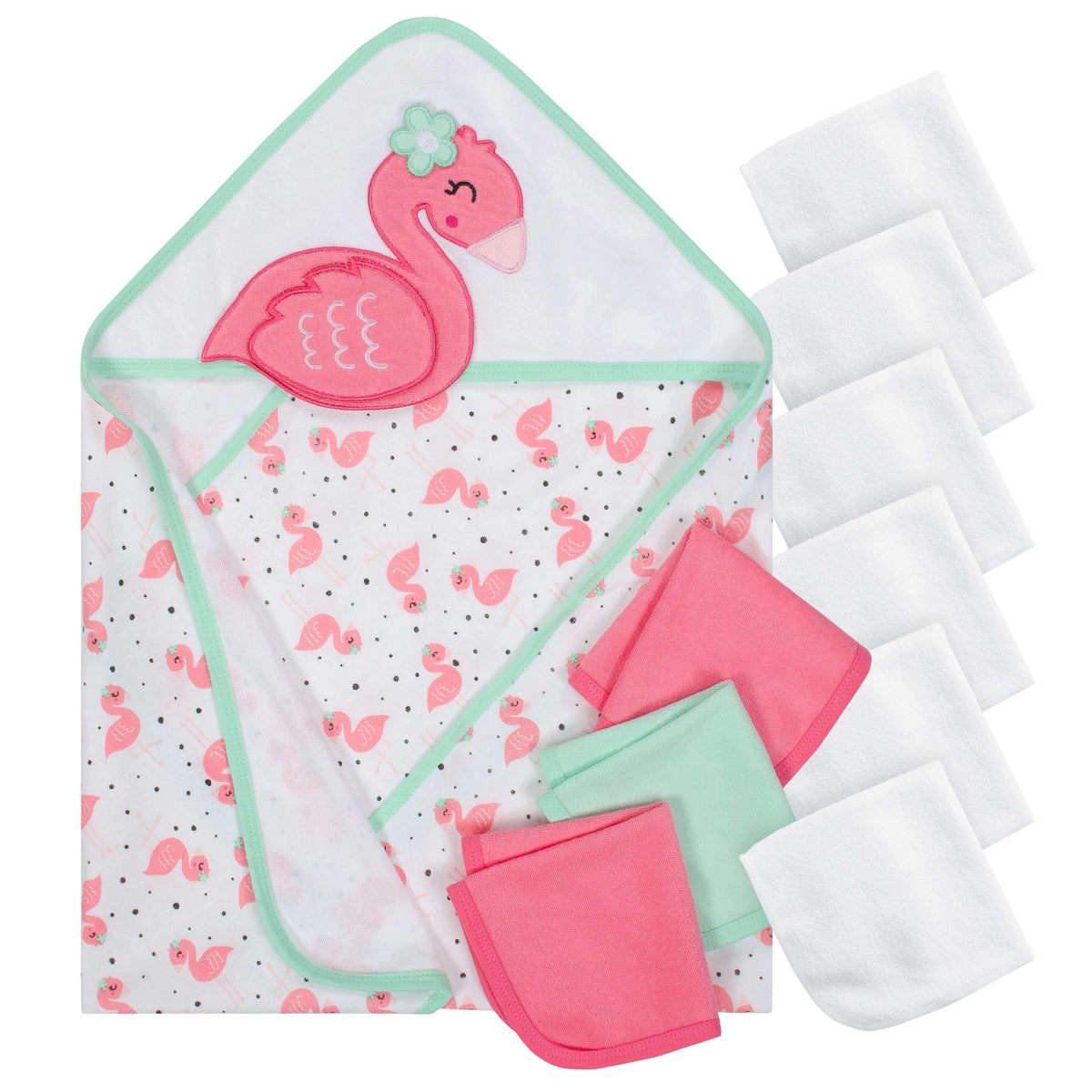 10-Piece Girls Terry Hooded Towel and Washcloth Set - Flamingo