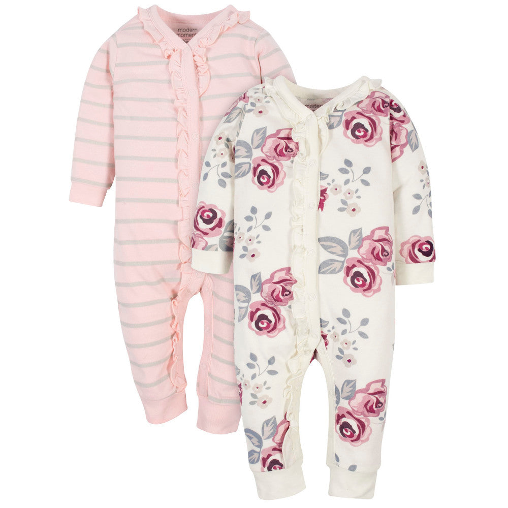 Modern Moments by Gerber 2-Pack Baby Girls Roses/Lines Coveralls