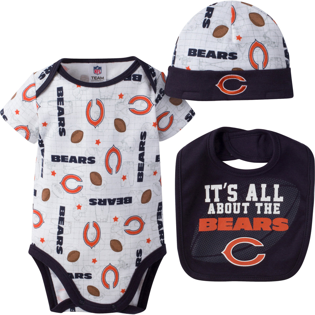 Chicago Bears Baby Girl 3 Piece Bodysuit, Bib and Cap Set