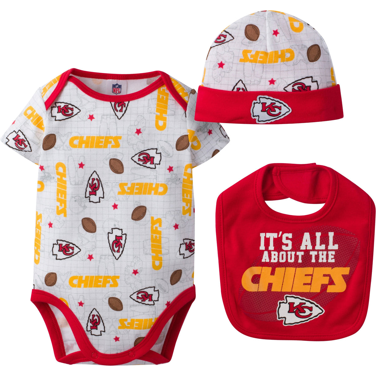 Kansas City Chiefs Baby Girl 3 Piece Bodysuit, Bib and Cap Set