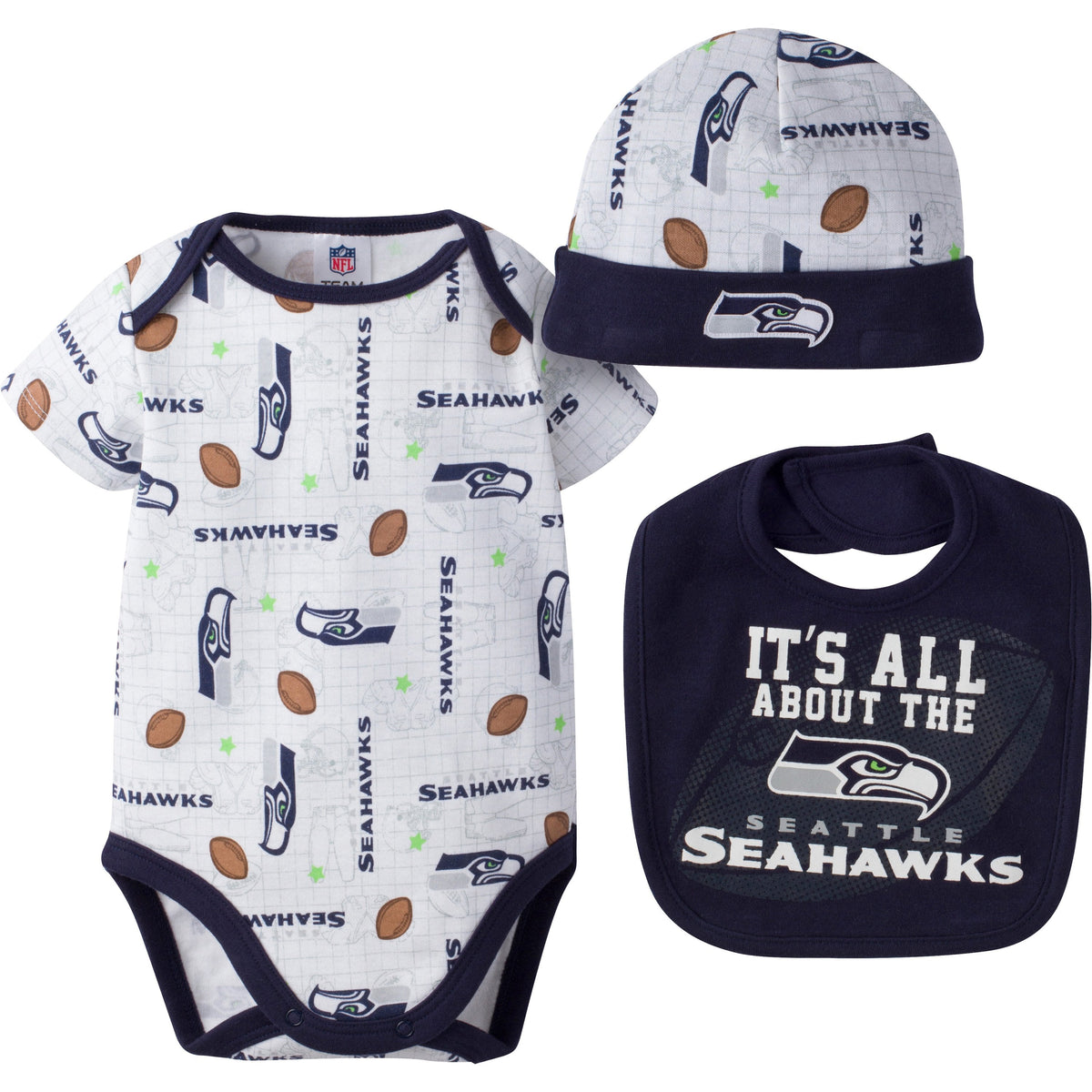 Seattle Seahawks Baby Girl 3 Piece Bodysuit, Bib and Cap Set