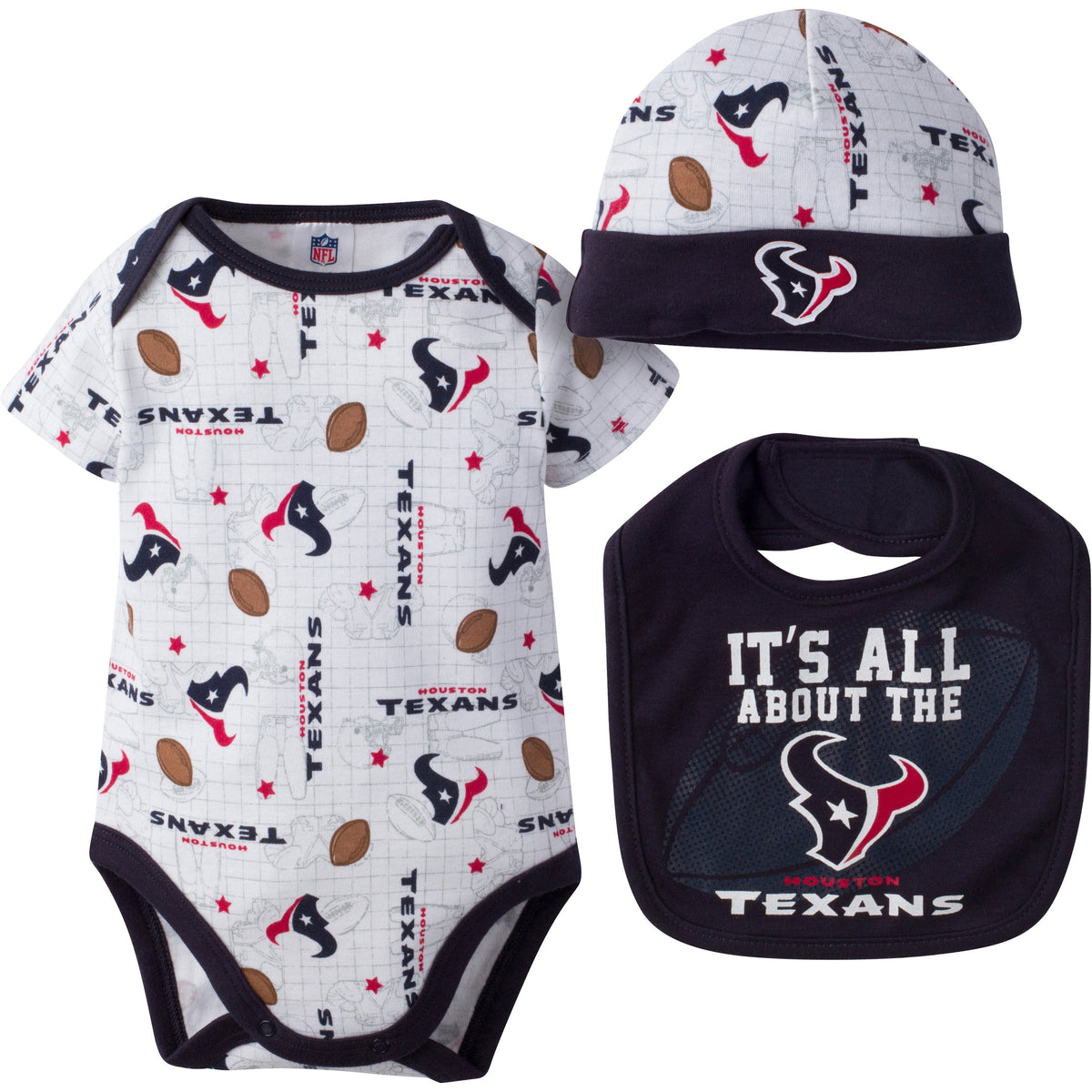 Houston Texans Baby Girl 3 Piece Bodysuit, Bib and Cap Set