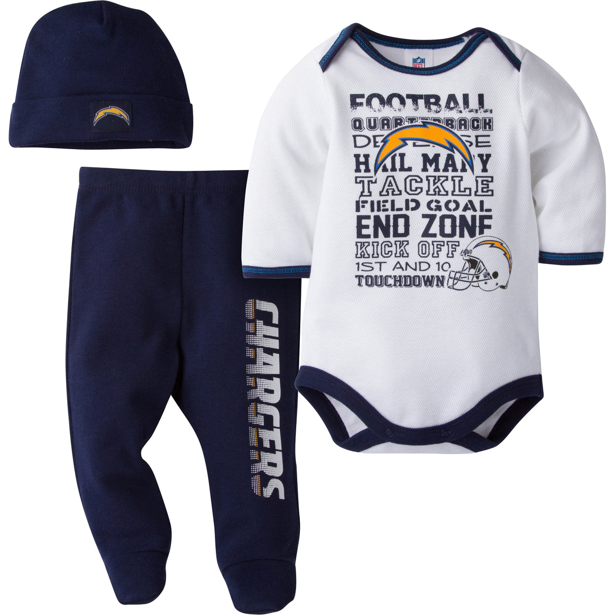 LA Chargers Baby 3 Piece Bodysuit, Pant and Cap Set