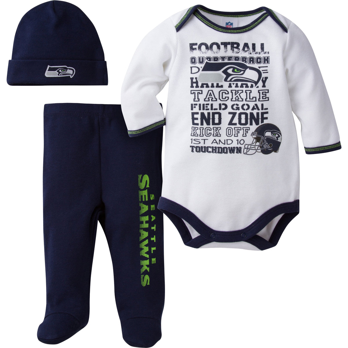 Seattle Seahawks Baby 3 Piece Bodysuit, Pant and Cap Set