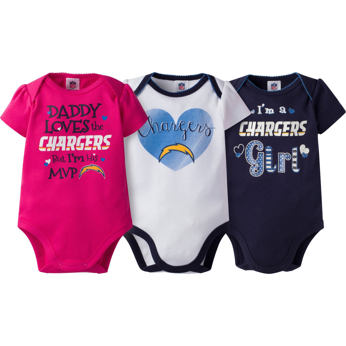 LA Chargers Baby Girls 3PC Short Sleeve Bodysuit
