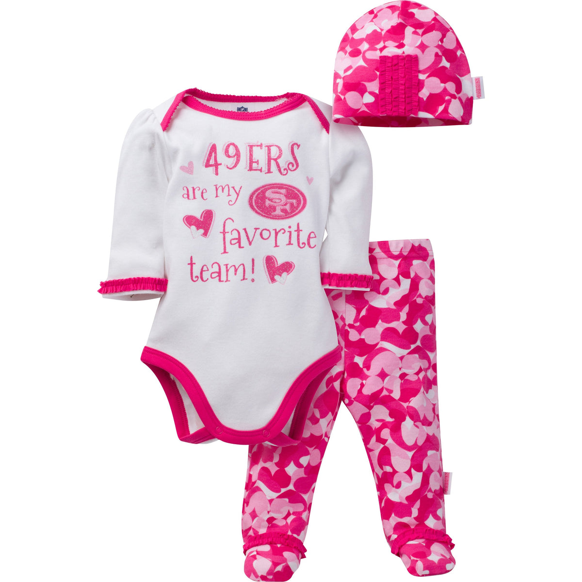 San Francisco 49ers Baby Girls 3 Piece Bodysuit, Footed Pant and Cap Set