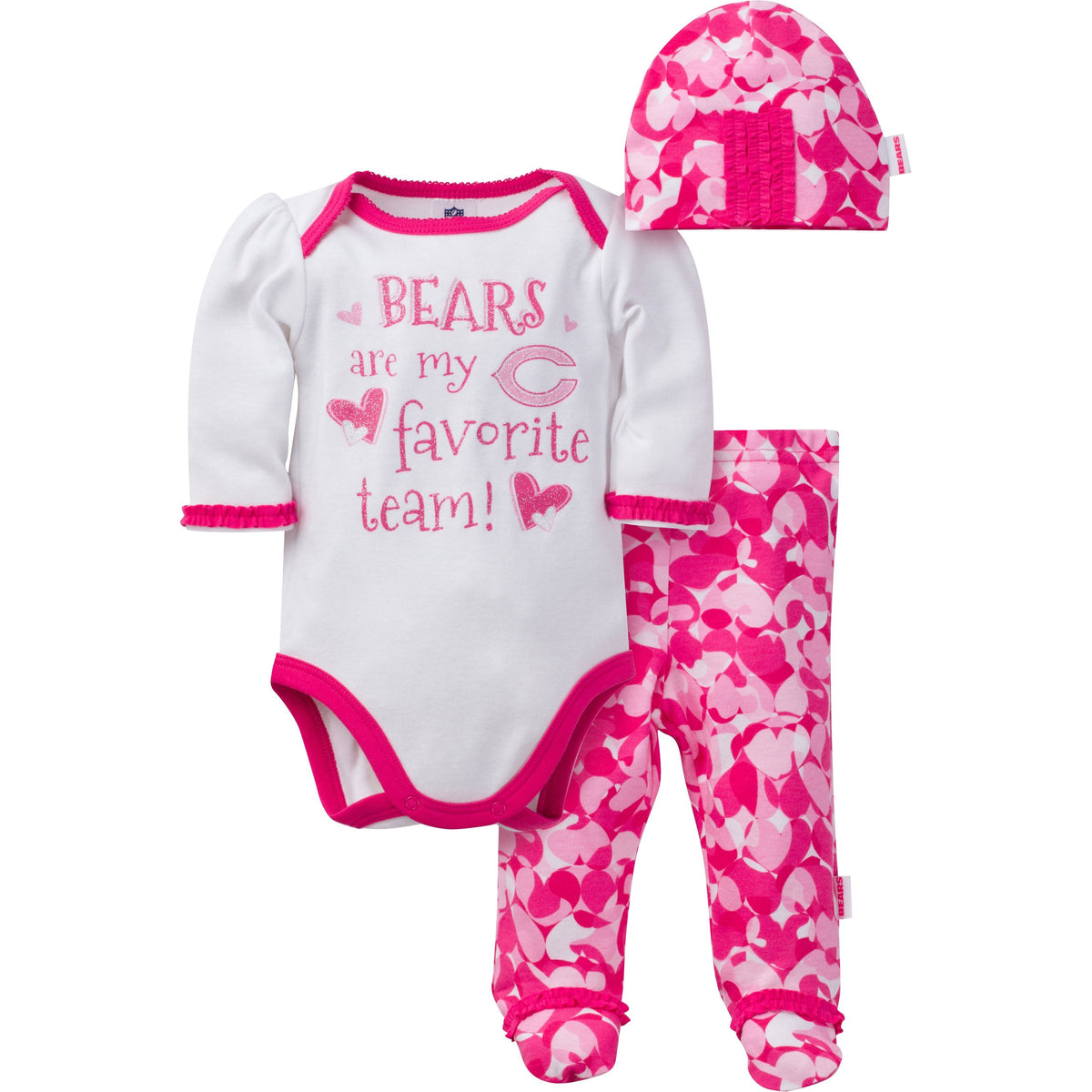Chicago Bears Baby Girls 3 Piece Bodysuit, Footed Pant and Cap Set