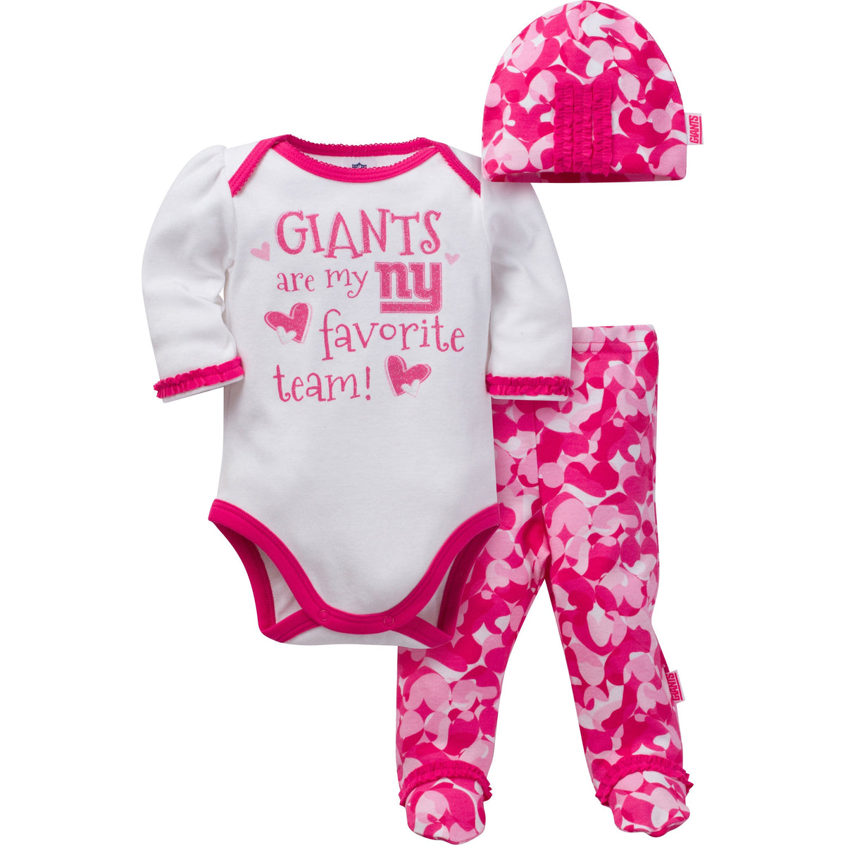 New York Giants Baby Girls 3 Piece Bodysuit, Footed Pant and Cap Set