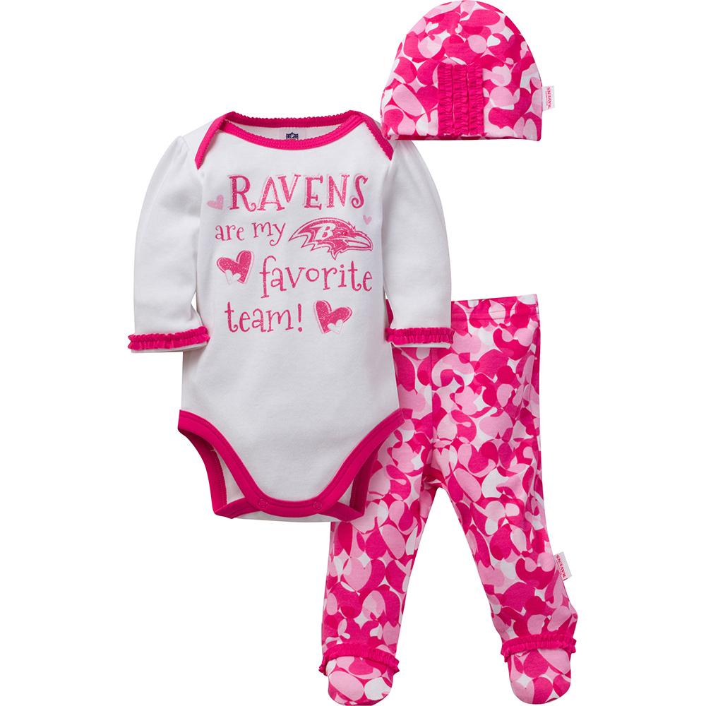 Baltimore Ravens Baby Girls 3-Piece Bodysuit, Footed Pant and Cap Set
