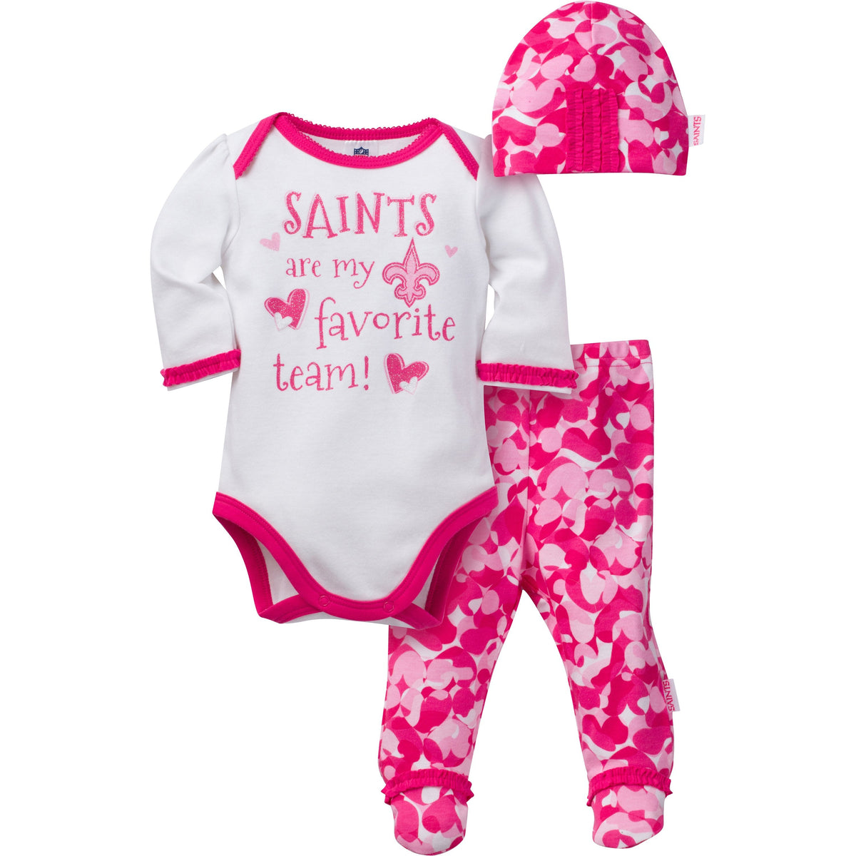 New Orleans Saints Baby Girls 3 Piece Bodysuit, Footed Pant and Cap Set