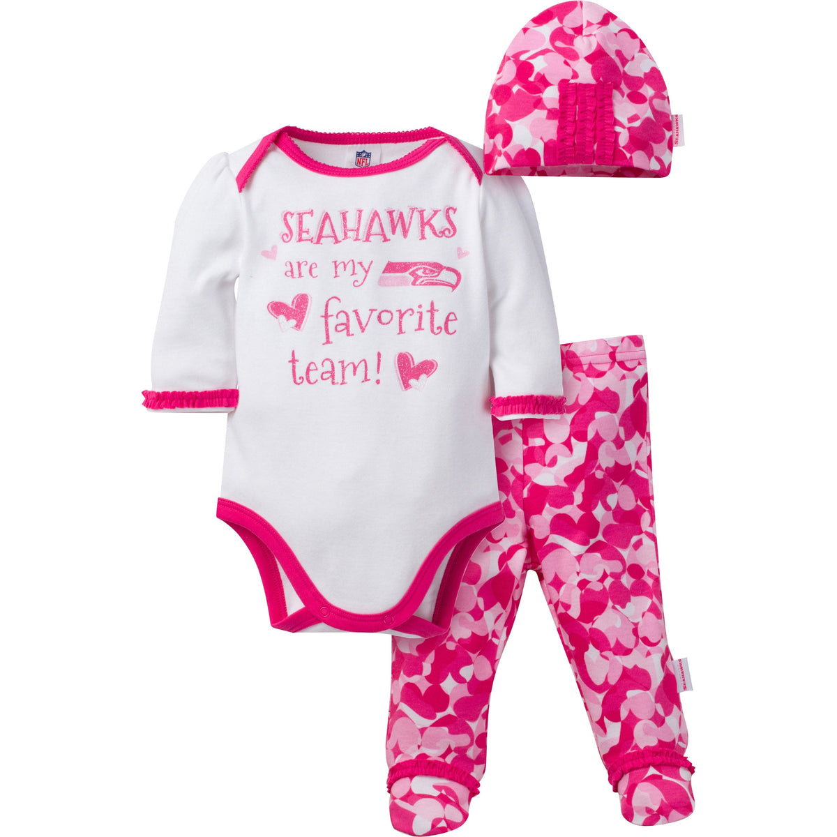Seattle Seahawks Baby Girls 3 Piece Bodysuit, Footed Pant and Cap Set