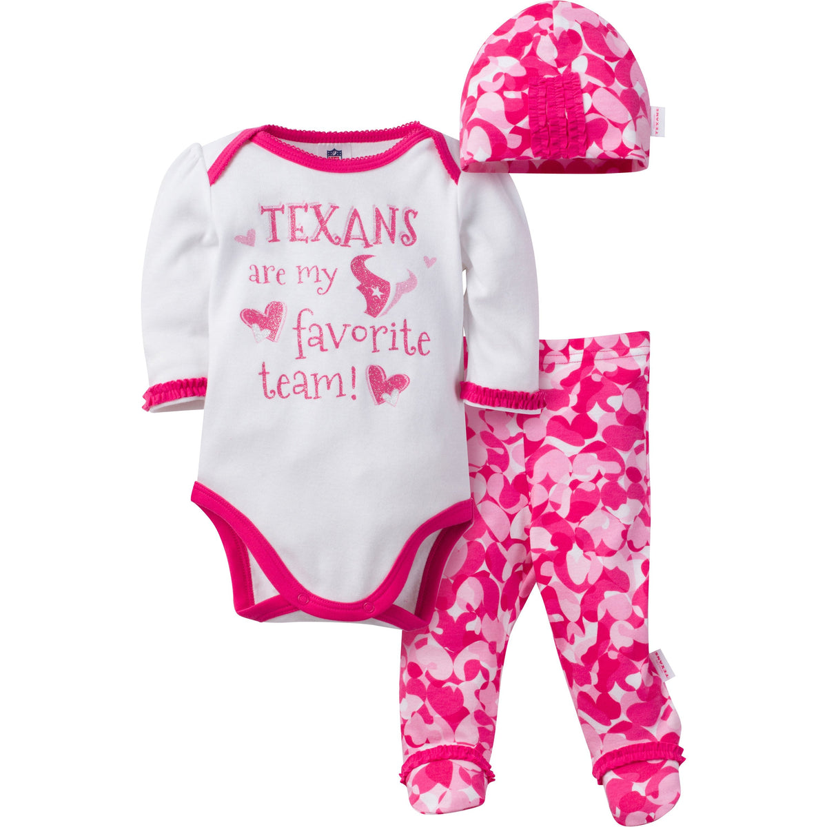 Houston Texans Baby Girls 3 Piece Bodysuit, Footed Pant and Cap Set