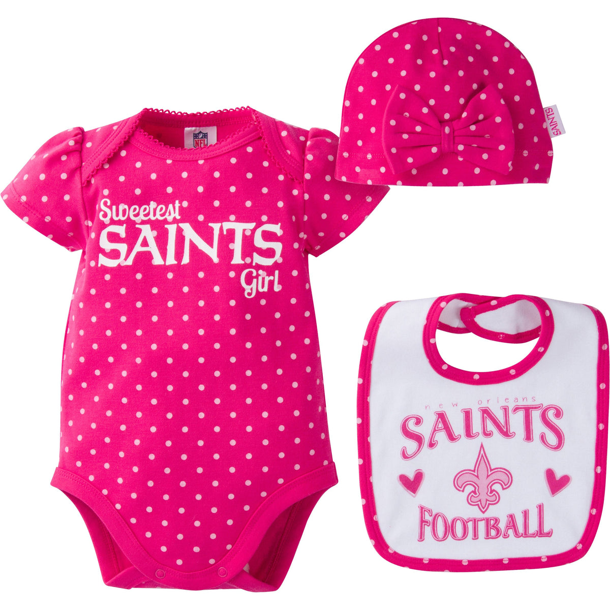 New Orleans Saints Baby Girls 3 Piece Bodysuit, Bib and Cap Set