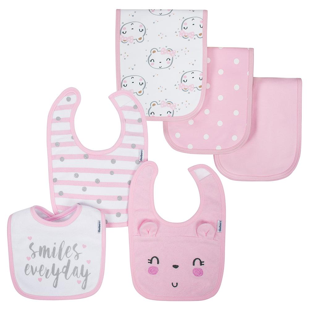 6-Piece Girls Bear Terry & Organic Cotton Blend Bib & Burp Cloth Set