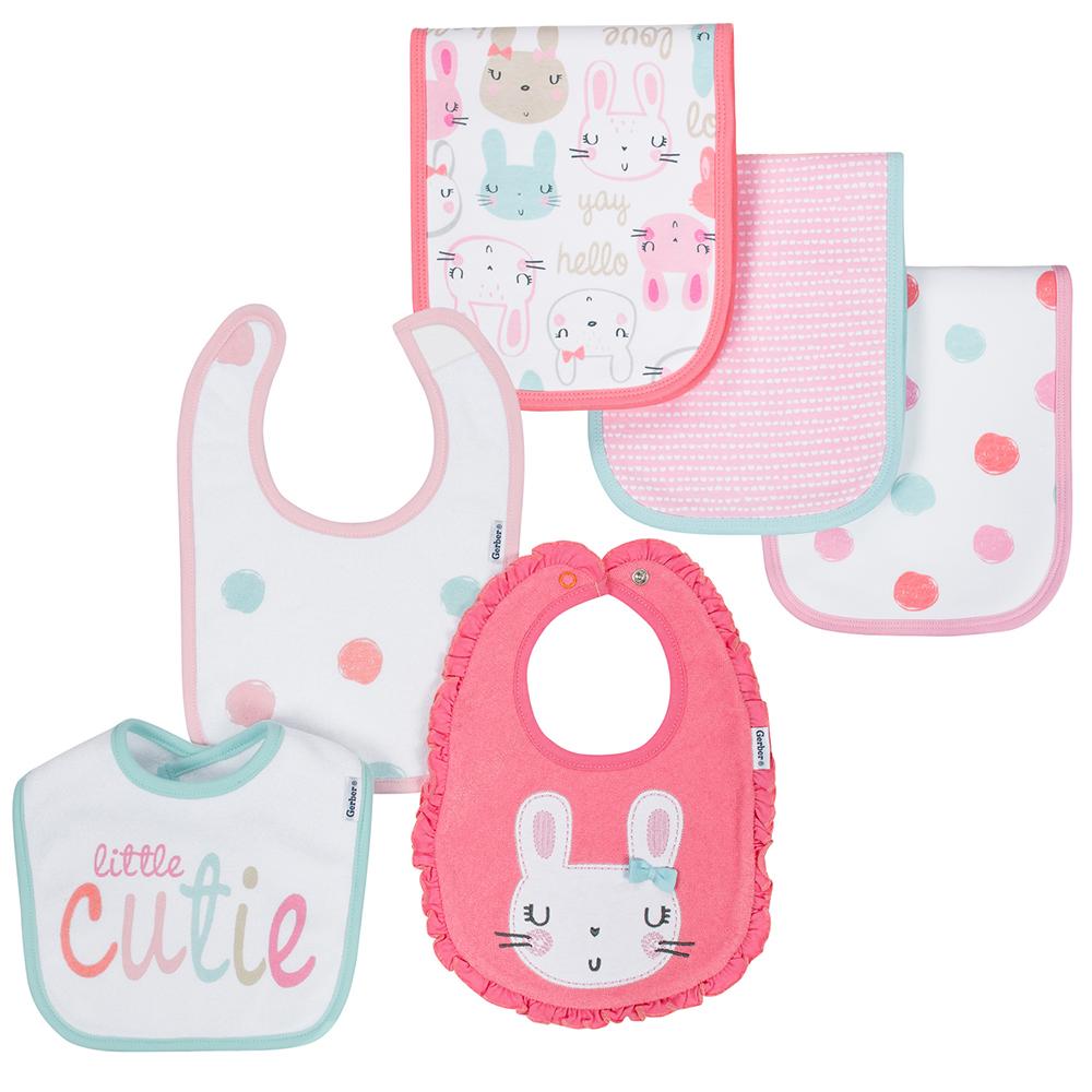 6-Piece Girls Bunny Terry & Organic Cotton Blend Bib & Burp Cloth Set