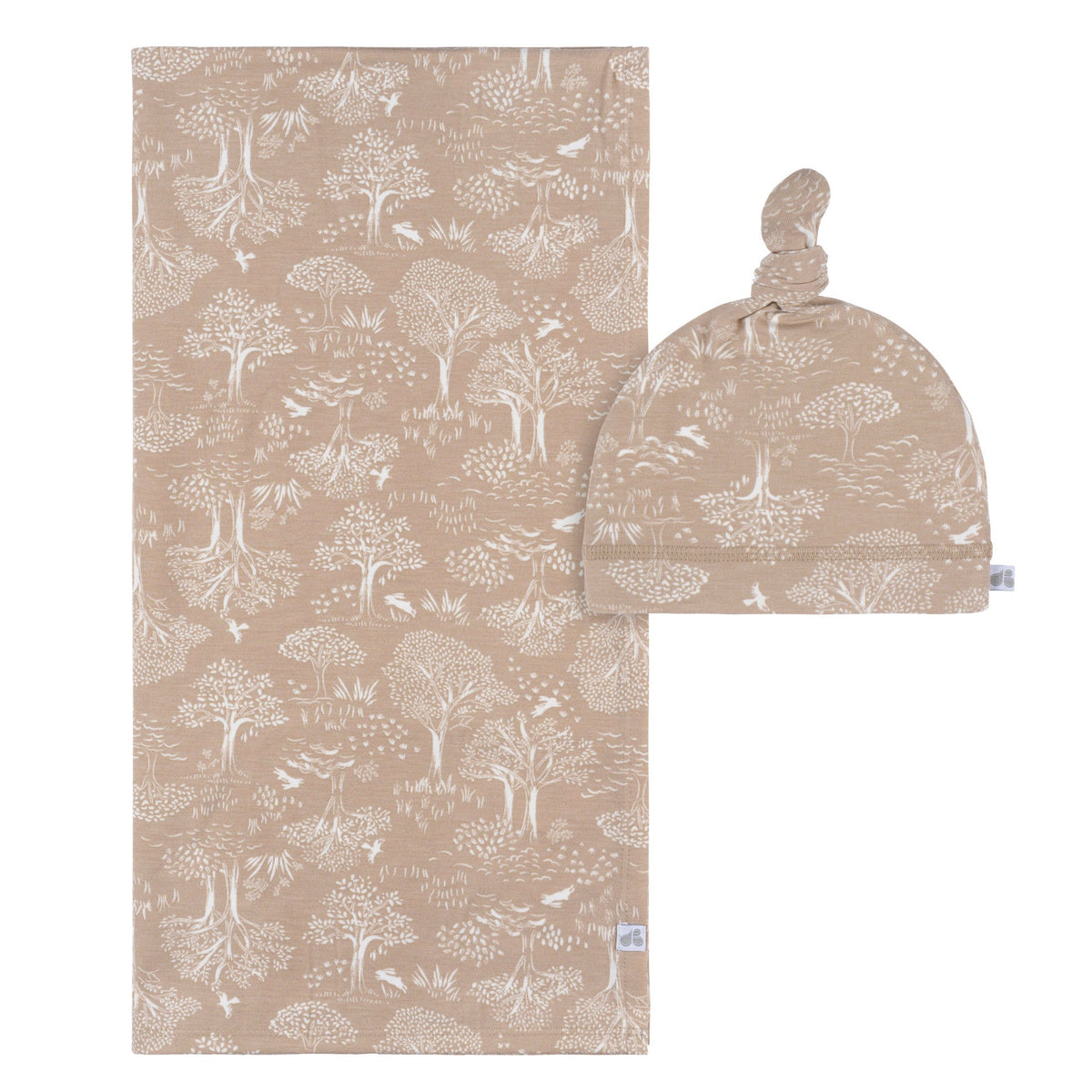 2-Piece Baby Neutral Ivory Tan Forest Swaddle Blanket & Hat Set