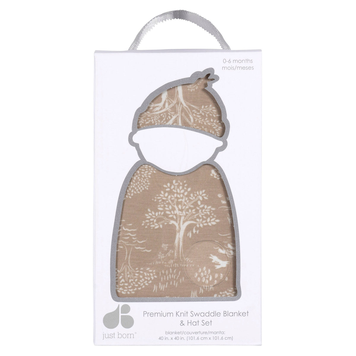 2-Piece Baby Neutral Ivory Tan Forest Swaddle Blanket & Hat Set, view 5