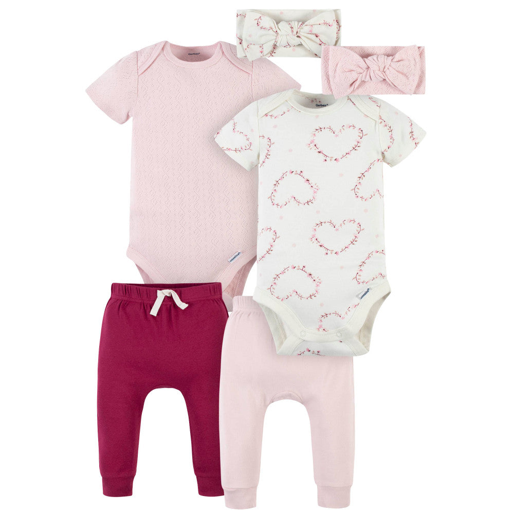 Modern Moments by Gerber 6-Piece Baby Girls Hearts & Pink Onesies Brand Bodysuit Outfit Set