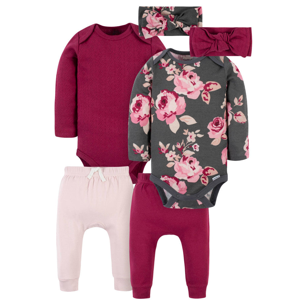 Modern Moments by Gerber 6-Piece Baby Girls Floral & Wine Onesies Brand Bodysuit Outfit Set