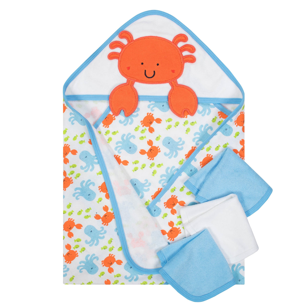 4-Piece Baby Boys' Crab Terry Hooded Bath Wrap & Washcloths Set