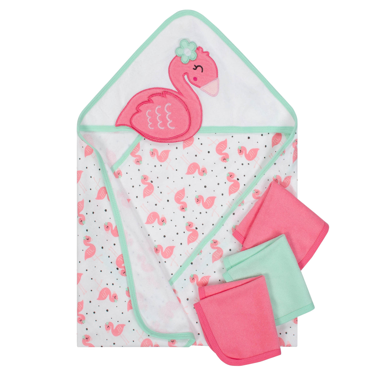 4-Piece Baby Girls' Flamingo Terry Hooded Bath Wrap & Washcloths Set