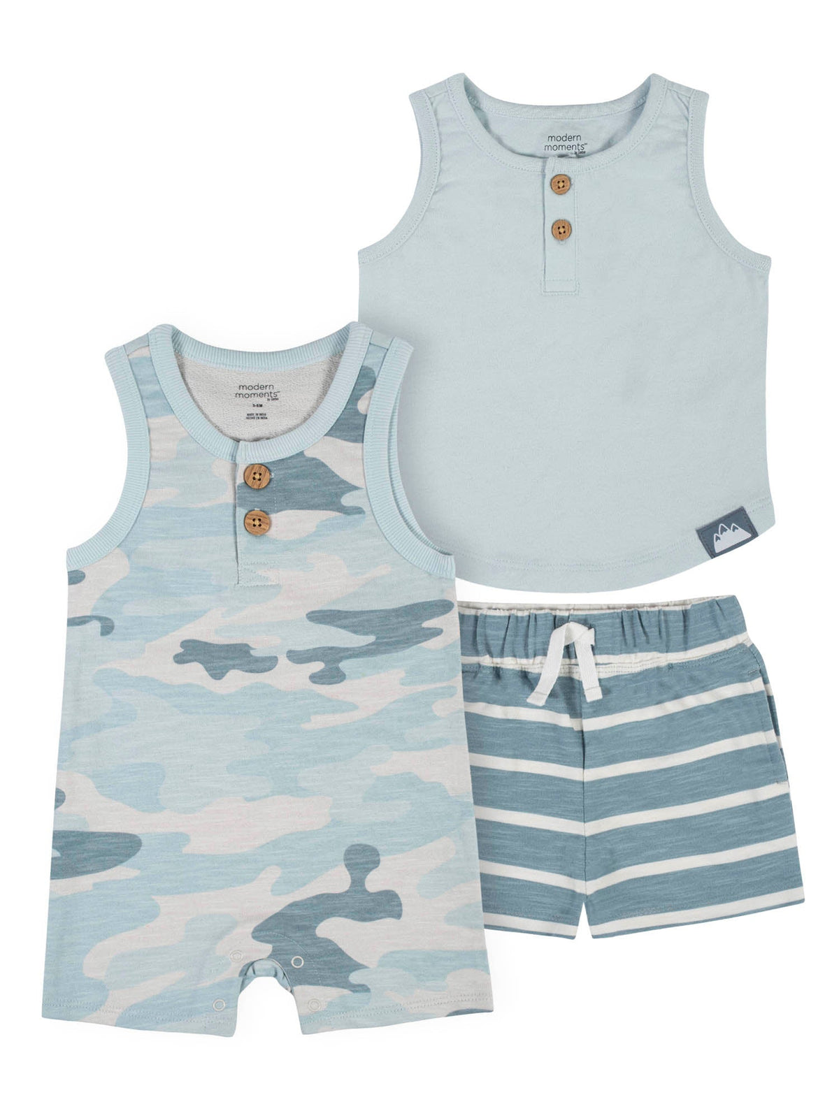 3-Piece Baby Boys Camo & Light Blue Sleeveless Romper & Shorts Set