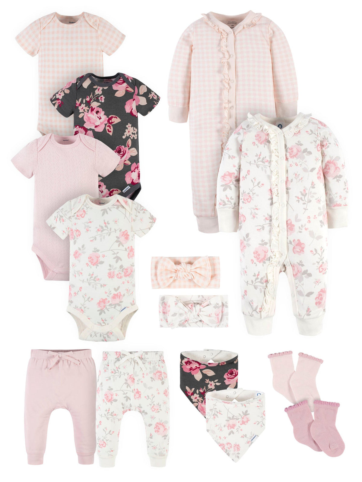 Modern Moments by Gerber 14-Piece Baby Girls Gingham & Floral Outfits & Accessories Bundle