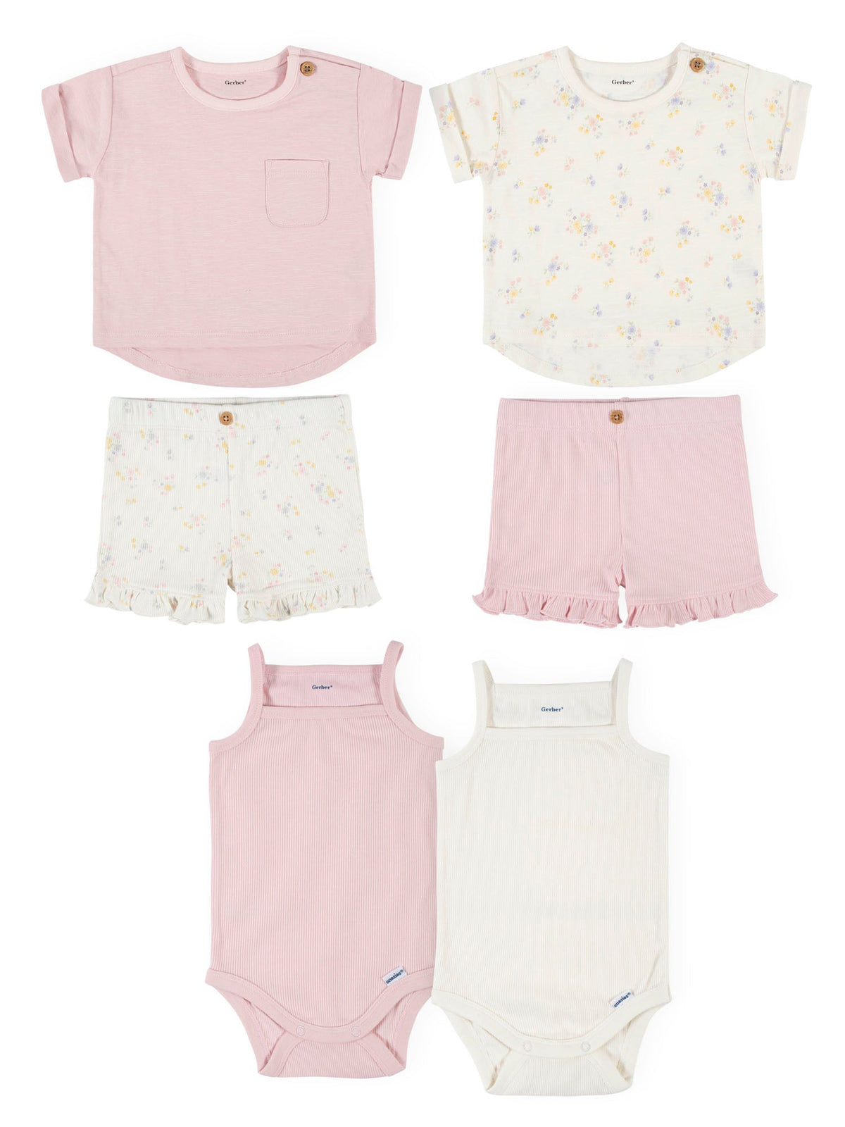 6-Piece Baby Girls Pink & Floral Tops, Shorts & Sleeveless Gerber Onesies Bodysuits Set