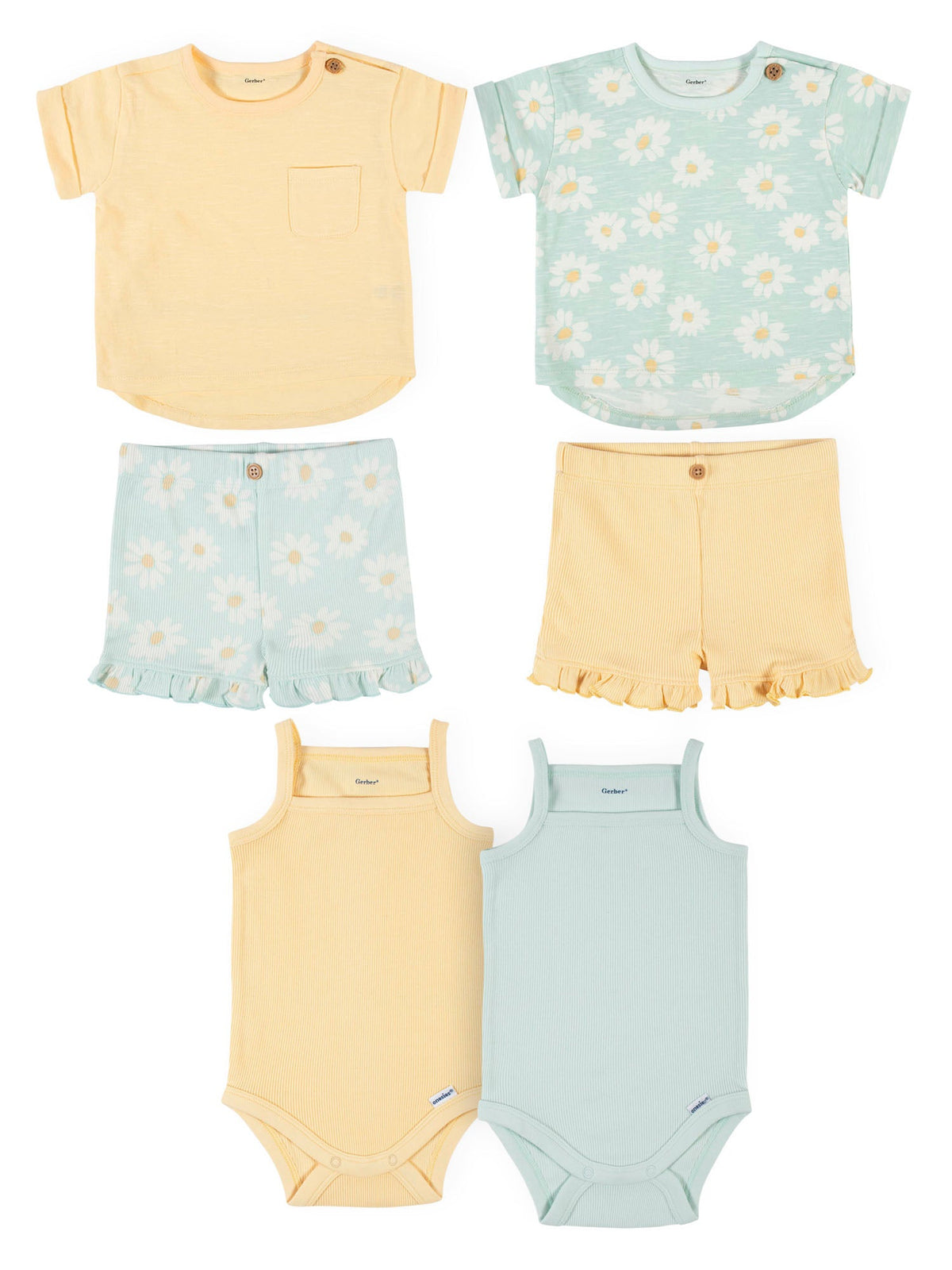 6-Piece Baby Girls Yellow & Green Tops, Shorts & Sleeveless Gerber Onesies Bodysuits Set