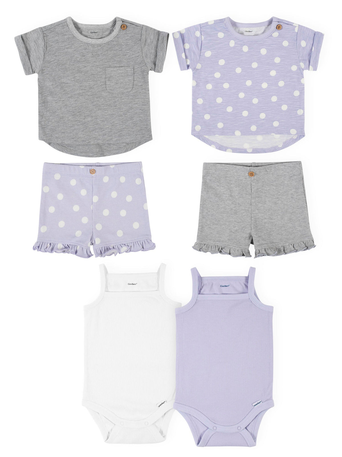 6-Piece Baby Girls Purple & Heather Tops, Shorts & Sleeveless Gerber Onesies Bodysuits Set