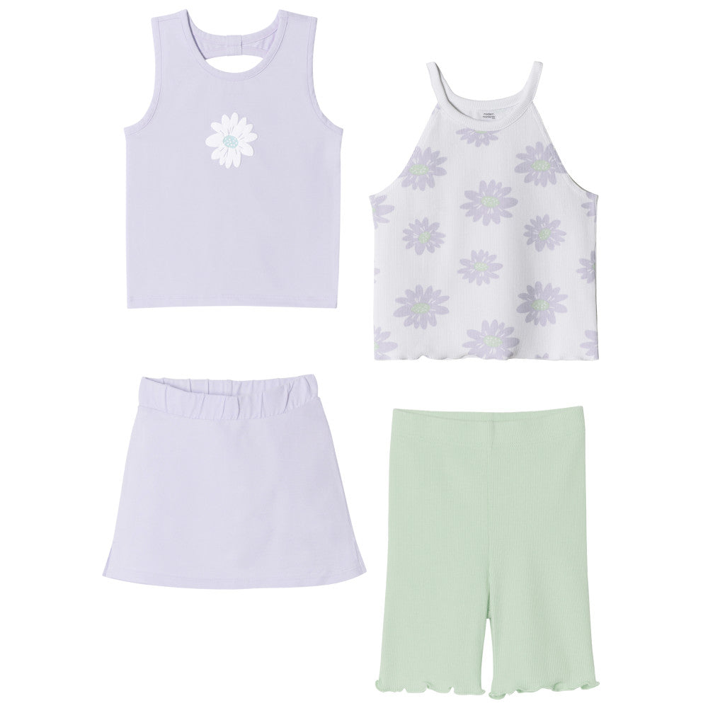 4-Piece Baby & Toddler Girls Purple Daisies Tanks, Skort & Shorts Set