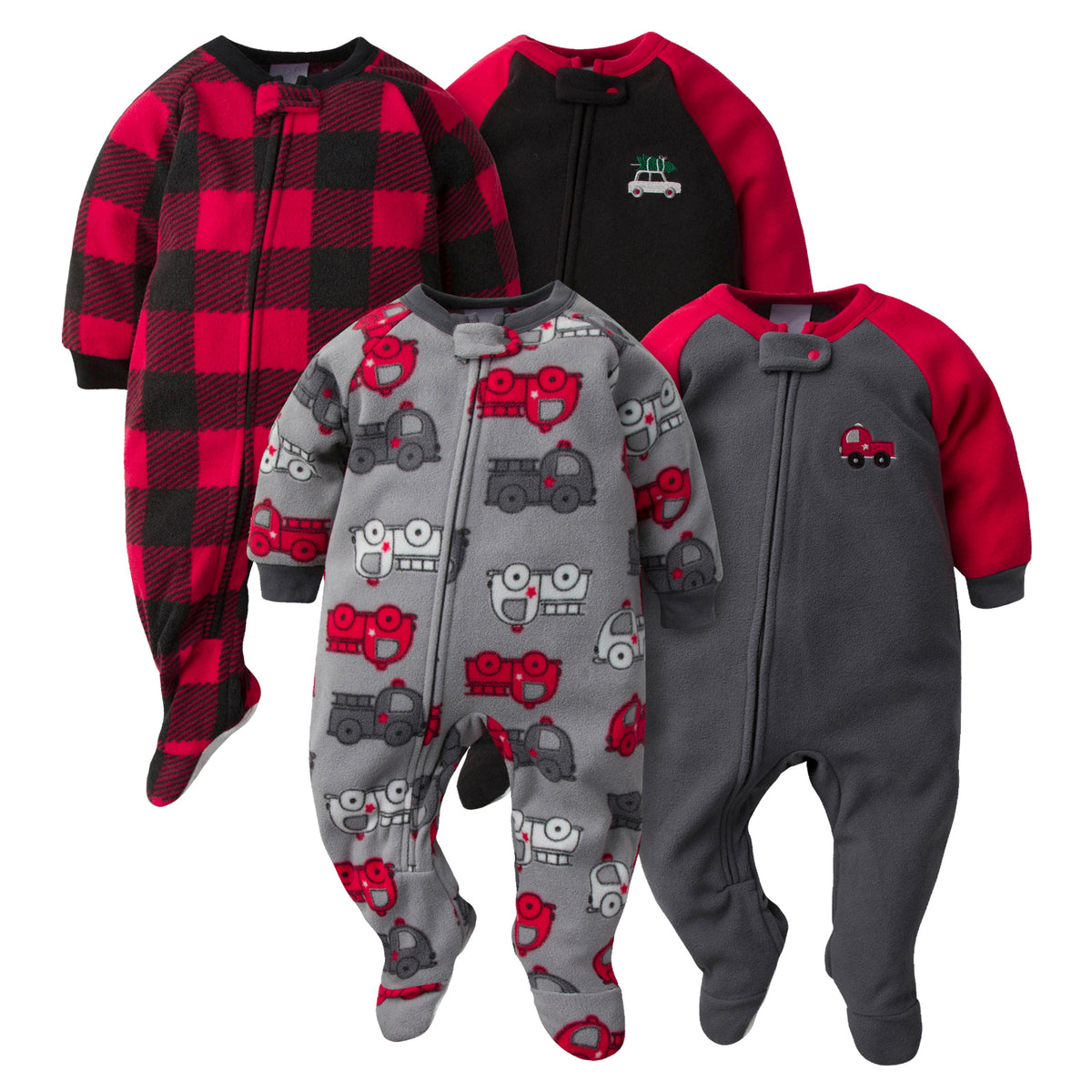 4-Pack Baby & Toddler Boys Fire Truck & Gingham Fleece Pajamas