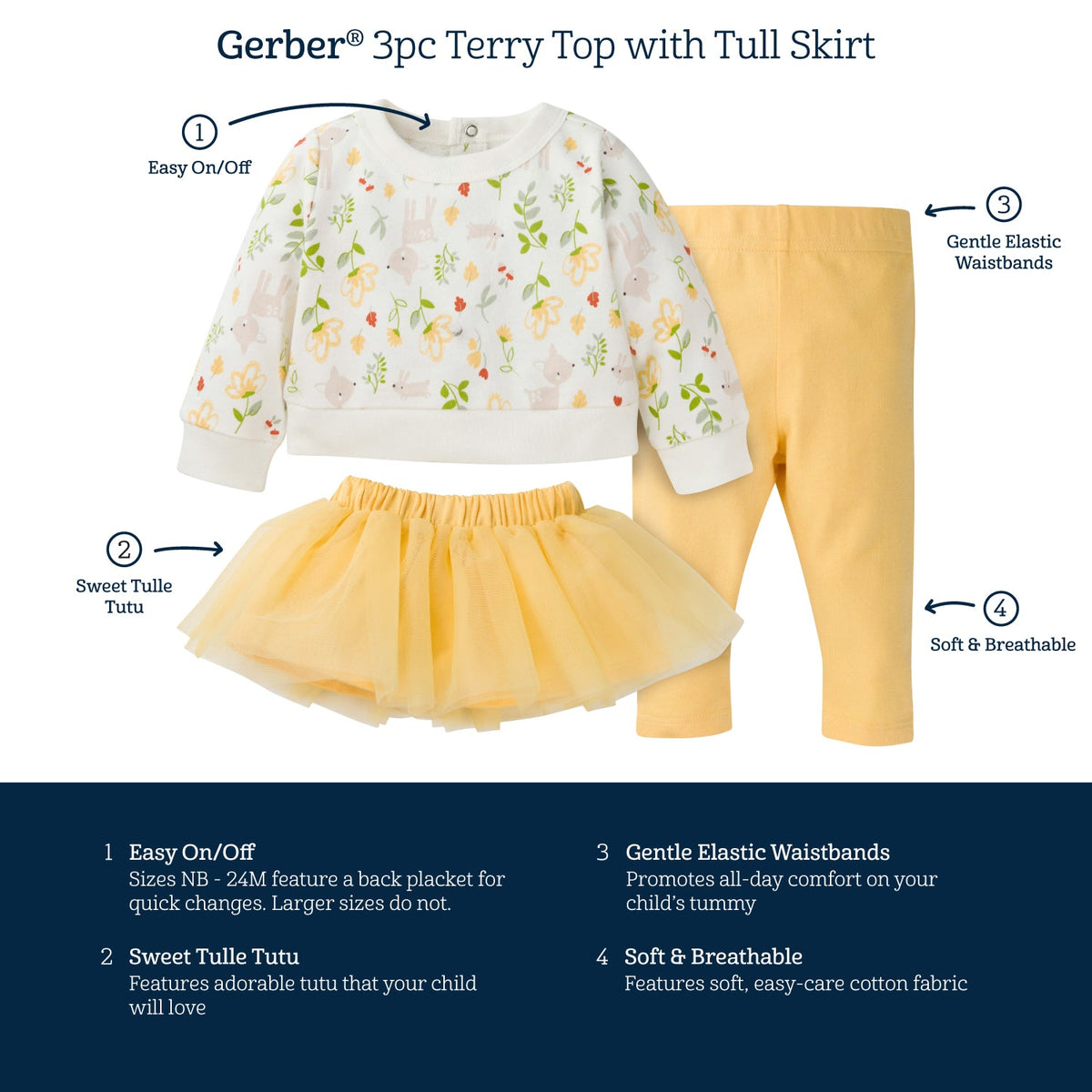 3-Piece Baby & Toddler Girls Woodland French Terry Top, Tulle Tutu, & Legging Set, view 5