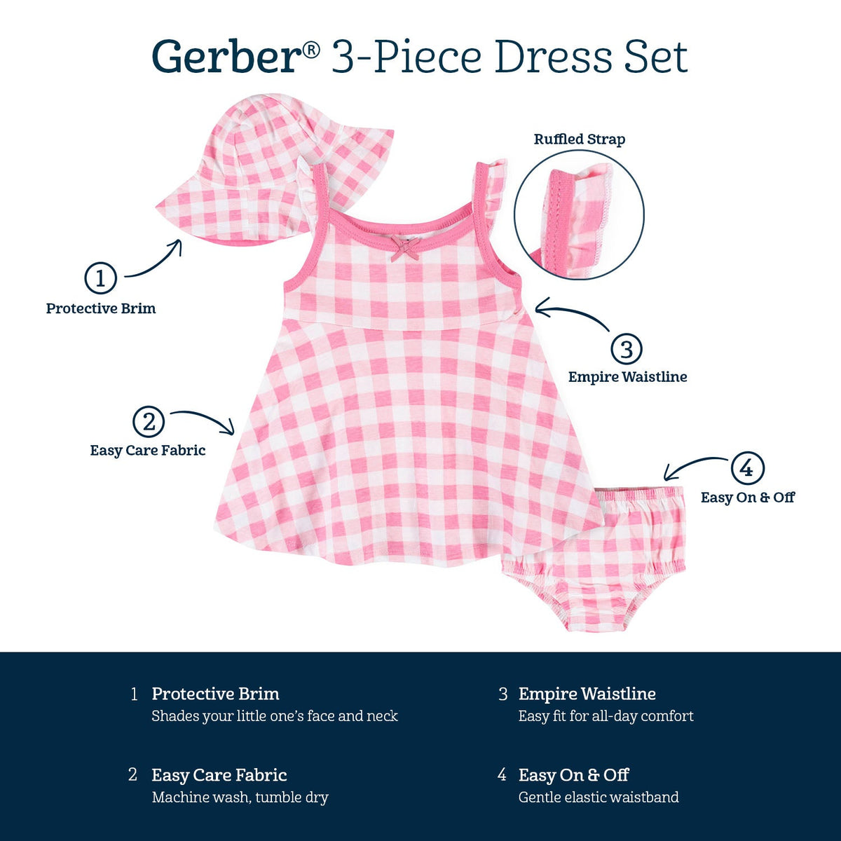 3-Piece Baby & Toddler Girls Summer Blossom Dress, Diaper Cover & Sun Hat Set-Gerber Childrenswear Wholesale