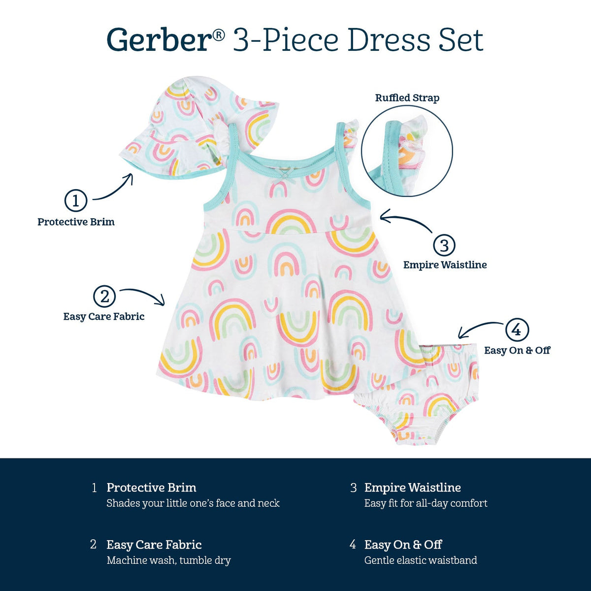 3-Piece Baby Girls Dots of Rainbows Dress, Diaper Cover & Sun Hat Set-Gerber Childrenswear Wholesale