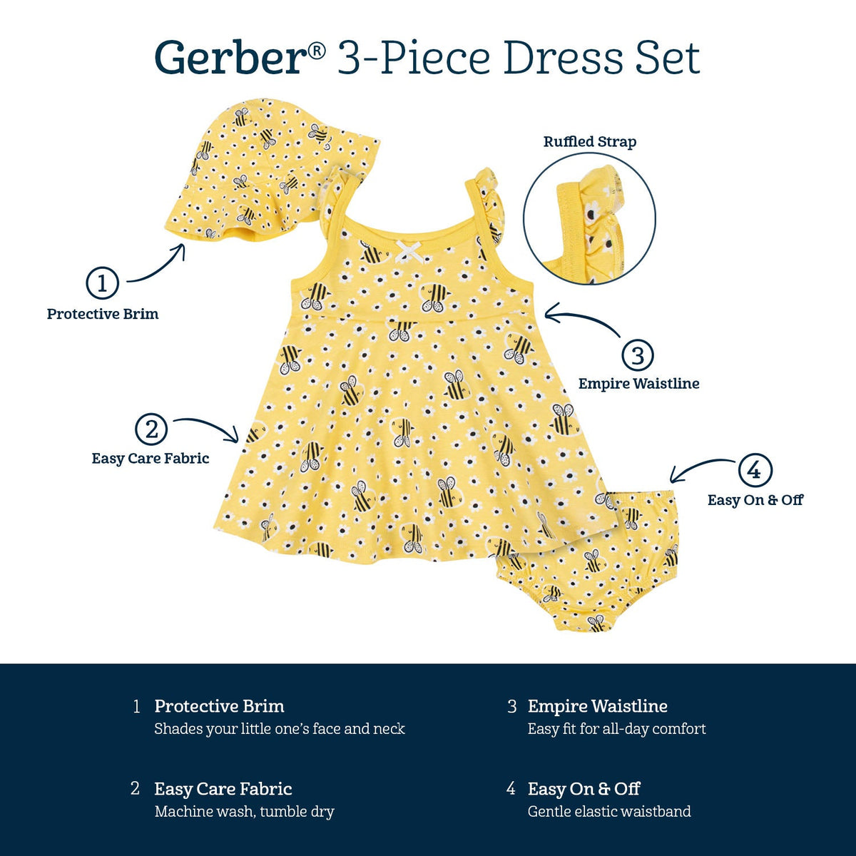 3-Piece Baby & Toddler Girls Bee Garden Dress, Diaper Cover & Sun Hat Set-Gerber Childrenswear Wholesale