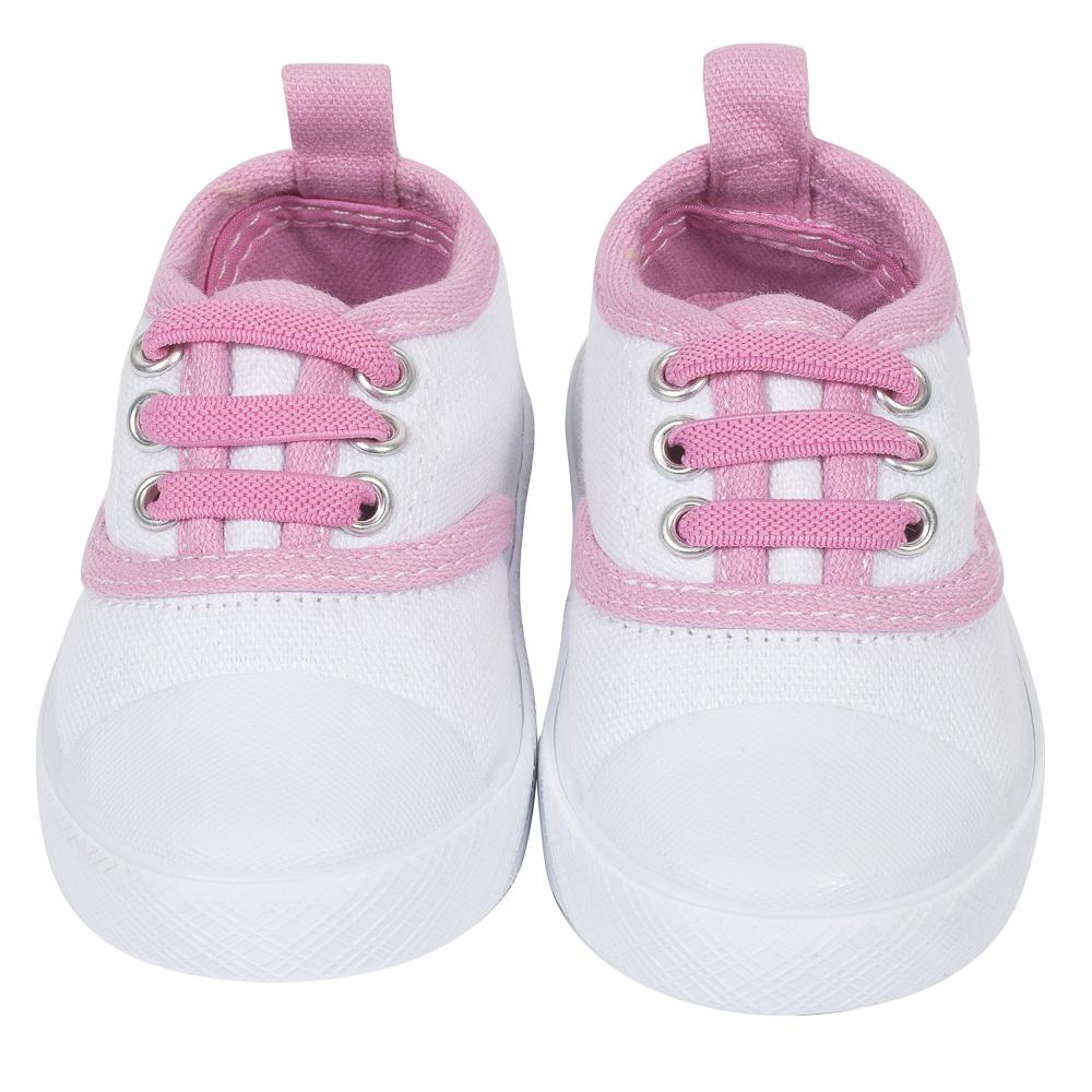 Baby Girls’ Canvas Lace Up with Rubber Sole, White and Light Pink