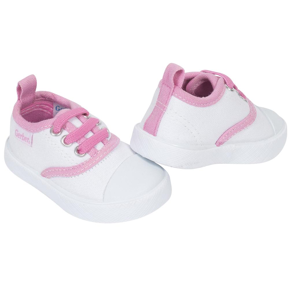 Baby Girls’ Canvas Lace Up with Rubber Sole, White and Light Pink, view 2