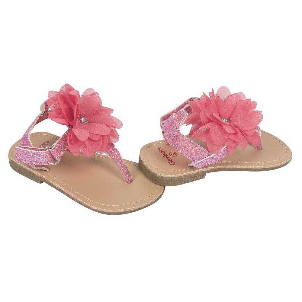 Baby Girls’ Hard-sole Sandal, Coral Glitter and Flower, view 2