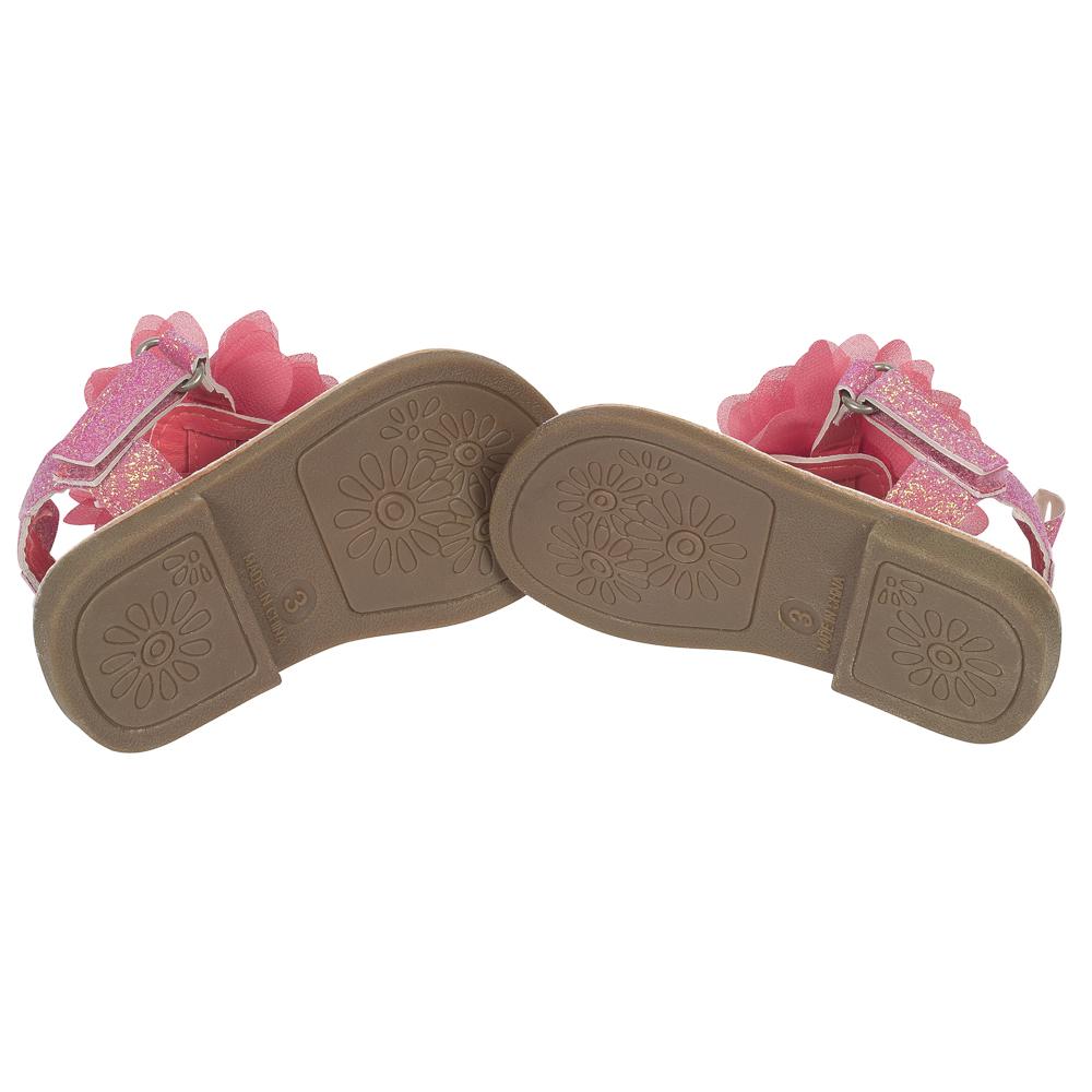 Baby Girls’ Hard-sole Sandal, Coral Glitter and Flower, view 3
