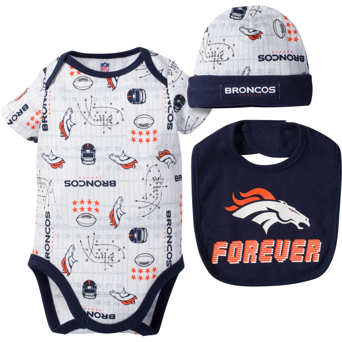 Denver Broncos Baby Boy 2PC Short Sleeve Bodysuit, Bib and Cap Set