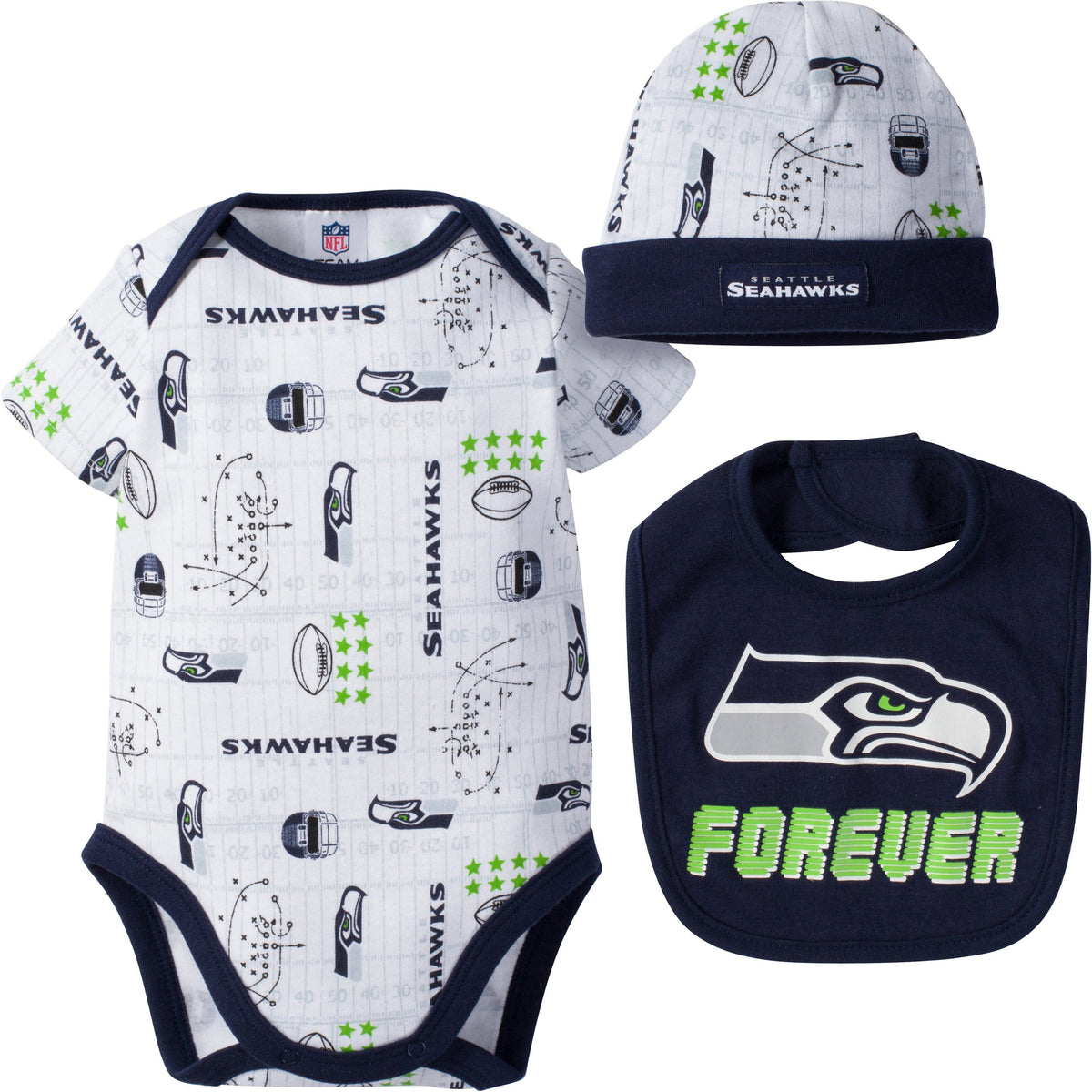 Seattle Seahawks Baby Boy 2PC Short Sleeve Bodysuit, Bib and Cap Set