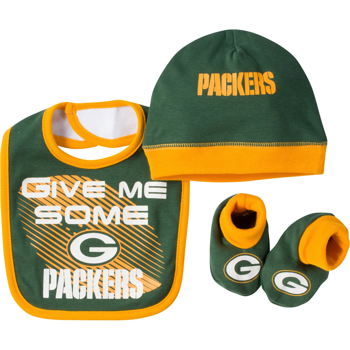 Green Bay Packers Baby 3 Piece Cap, Bootie and Bib Set