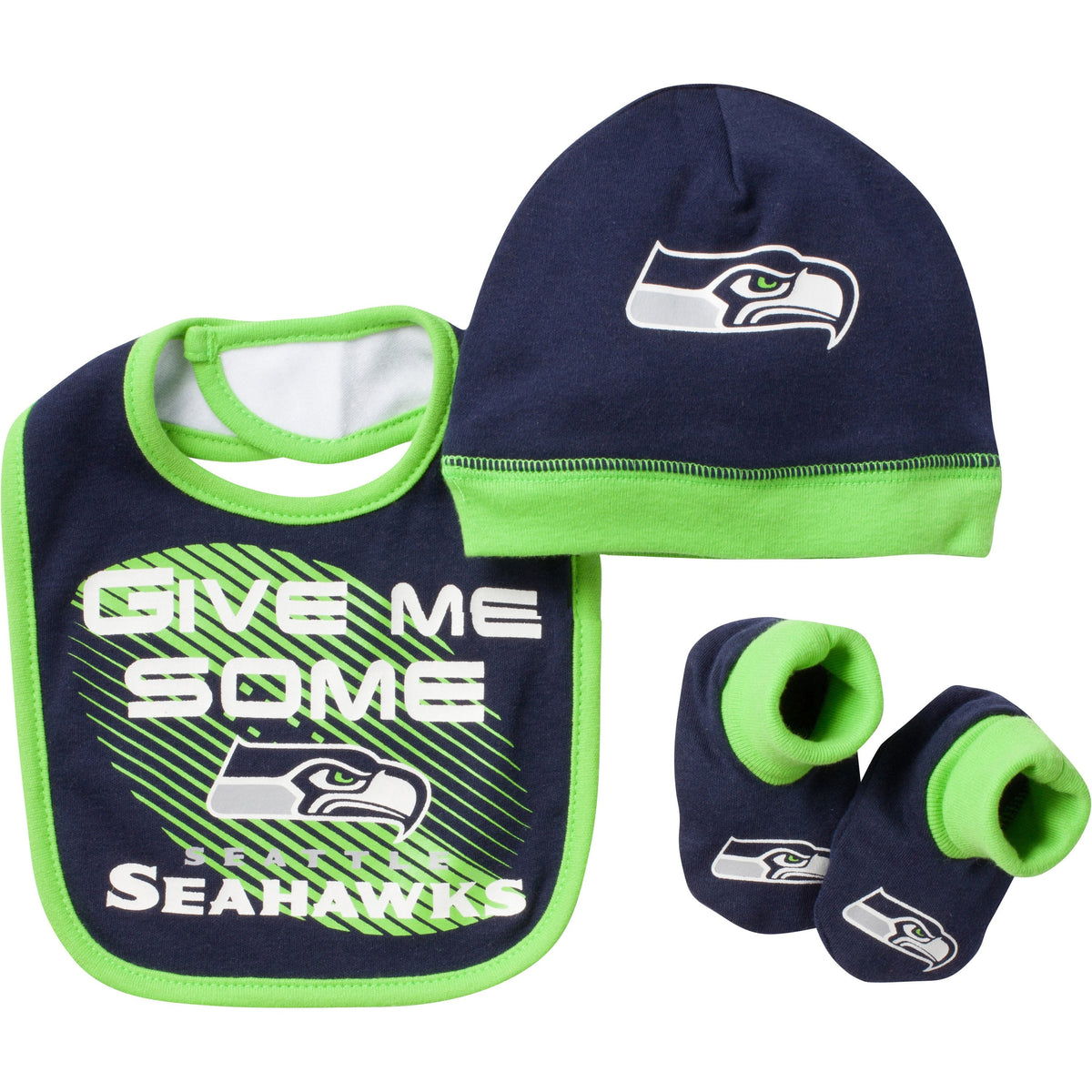 Seattle Seahawks Baby 3 Piece Cap, Bootie and Bib Set