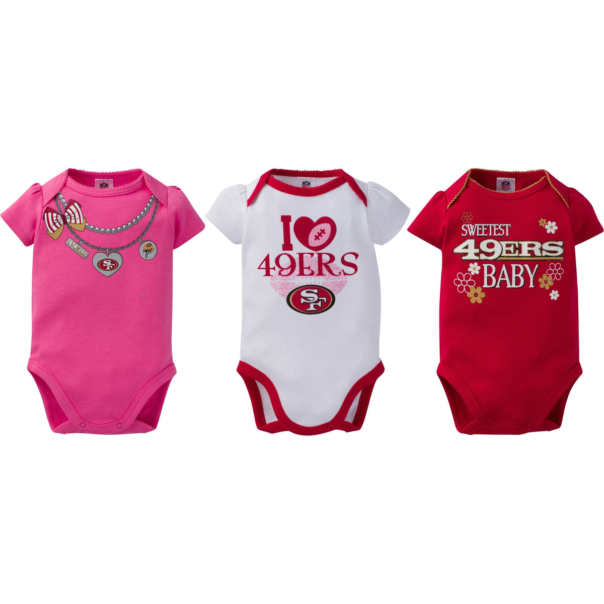 San Francisco 49ers 3-Pack Infant Girl Short Sleeve Bodysuits, view 2