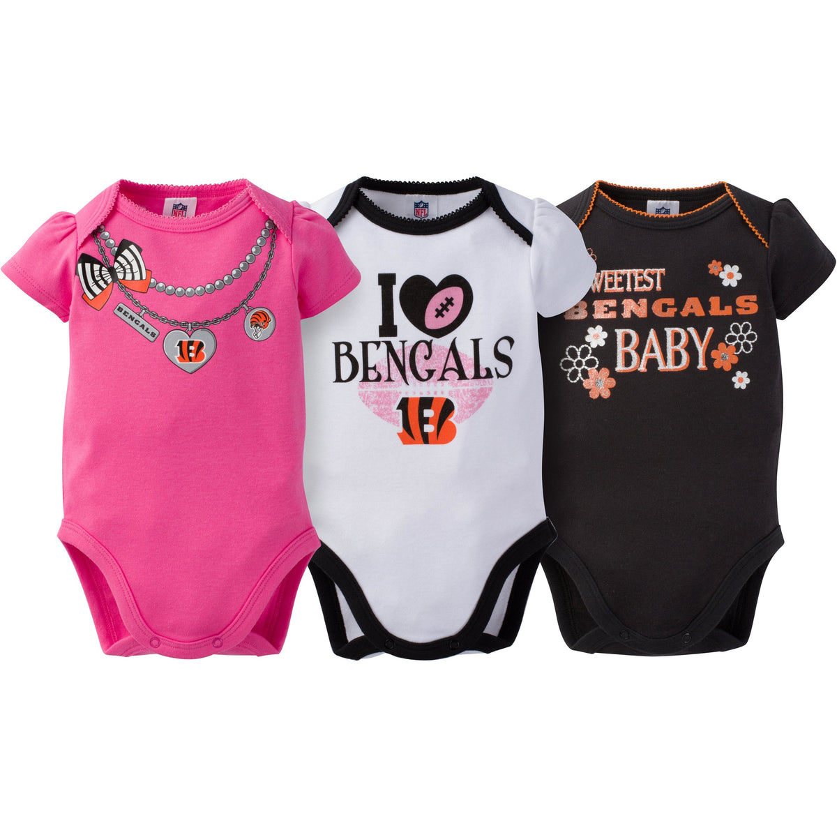 Cincinnati Bengals 3-Pack Infant Girl Short Sleeve Bodysuits, view 2