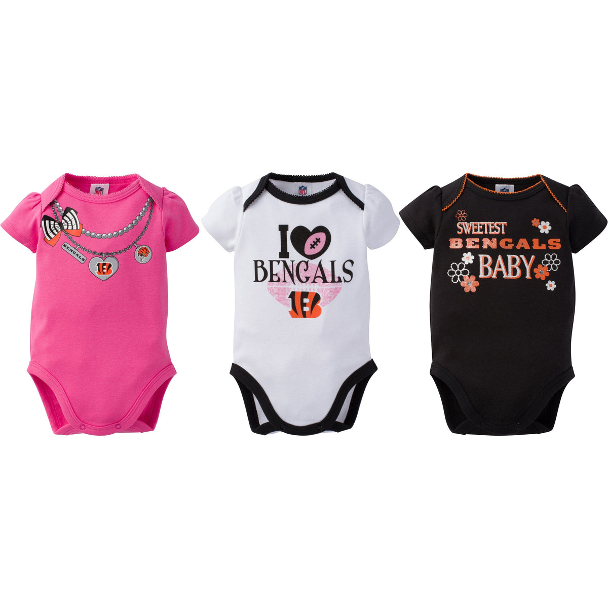 Cincinnati Bengals 3-Pack Infant Girl Short Sleeve Bodysuits, view 3