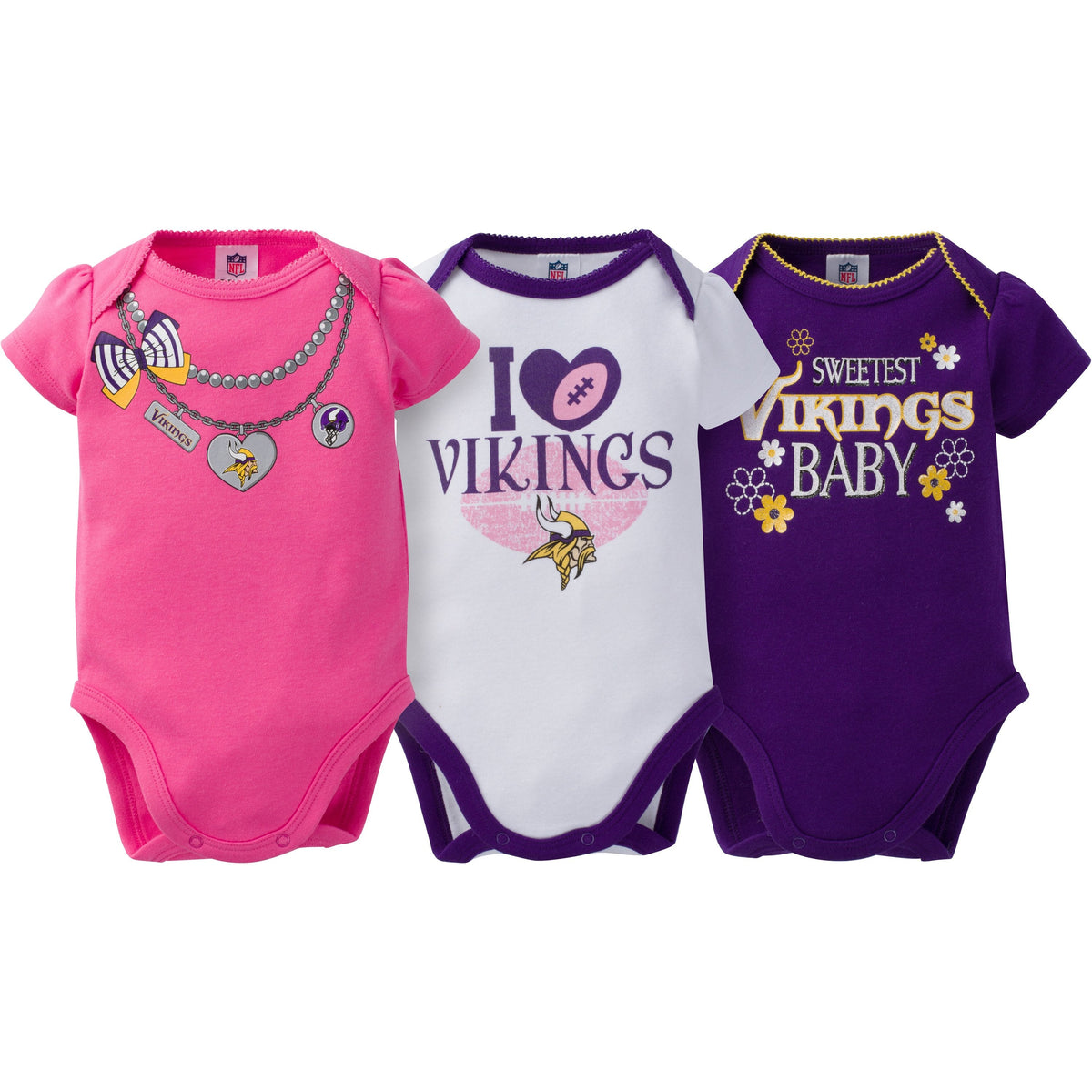 Minnesota Vikings 3-Pack Infant Girl Short Sleeve Bodysuits