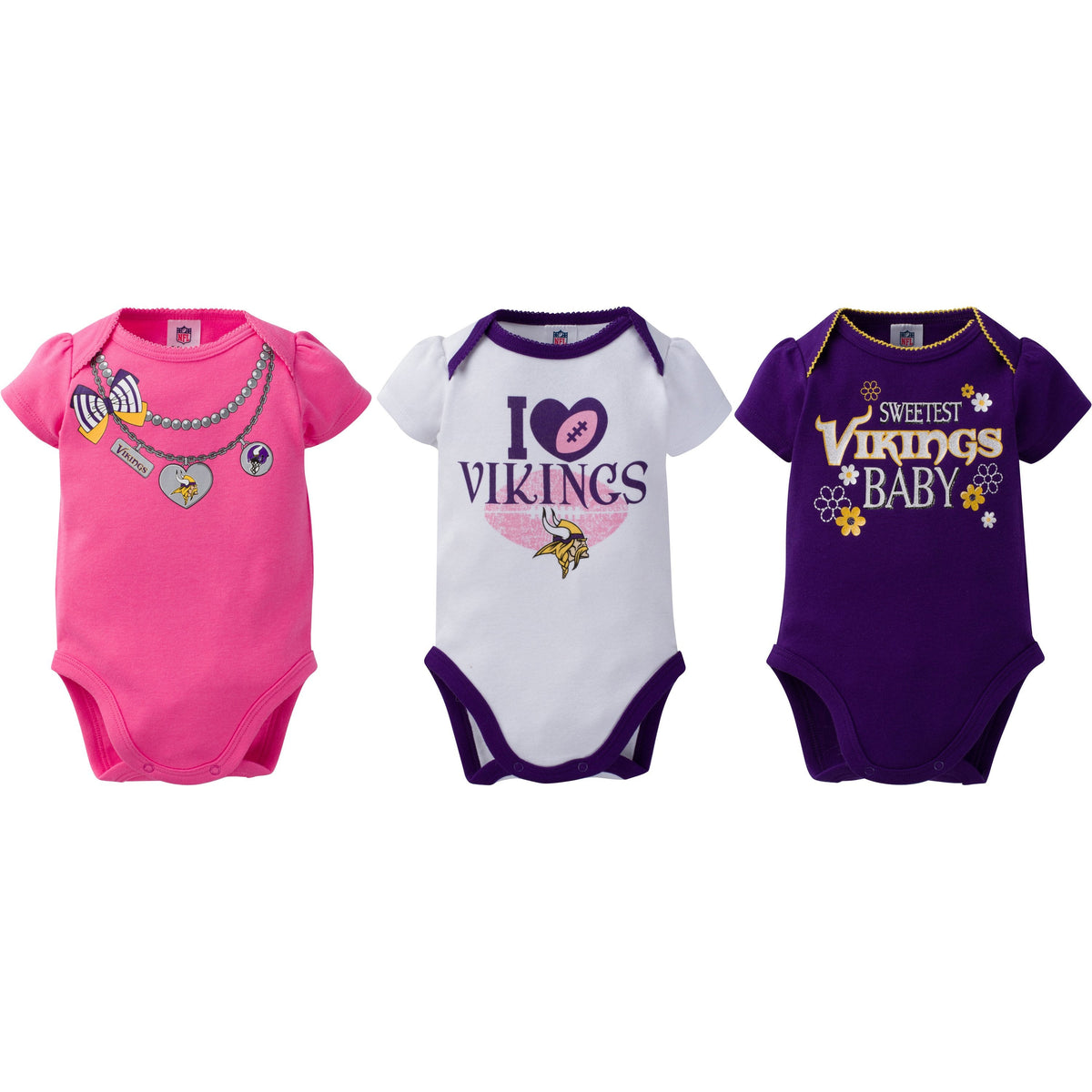 Minnesota Vikings 3-Pack Infant Girl Short Sleeve Bodysuits, view 3